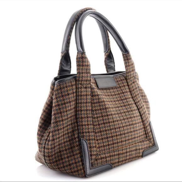 BALENCIAGA Brown Tweed Plaid Handbag Purse Brown Navy Cabas Satchel - Picture 3 of 9